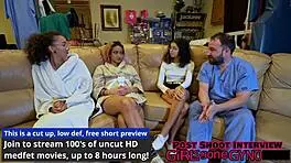 Aria Nicole spreads her shaved pussy for the nurse