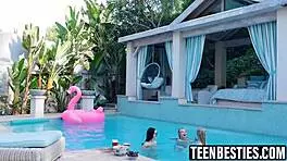 Wow, these three blondes dive into lesbian licking and fingering by the pool!