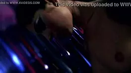 Masked blonde teen slut takes on huge monster cock in intense group threesome action