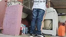 housewife welcomes technician home while husband is out for some fun