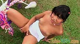 Tobie Teen Rubs Pussy and Fingers Herself Outdoors in Garden with Natural Tits and Boobs