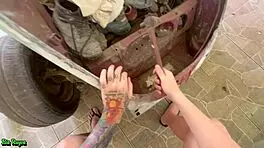 The Redhead Fucks In The Fusca! Cuckold Watches Old Man Blowjob.