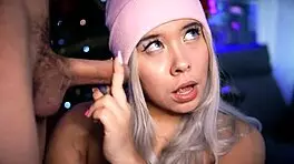 i'm so excited, blonde with cute face plays and sucks small 18+ cock getting hard for her