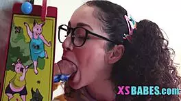 I watch as the tiny teen babe gets her cute pussy licked and stuffed with massive meat like a fuck doll.