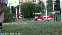 Young Blonde Teen Cutie Engages in Public Street Gang Bang Threesome with Two Guys