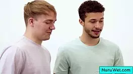 hot bbw masseuse natasha nice seduces joshua lewis and apollo banks, rubbing her huge tits on them during nuru massage