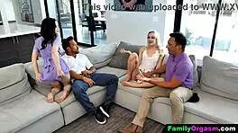 Stepdads teach their naughty stepdaughters a hard lesson with group fucking.