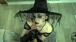 Sexy witch deepthroats monster cock for cum potion