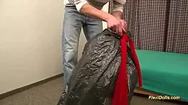Real flexi teen doll endures extreme deepthroat gagging.