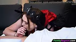 Devil stepdaughter tempts friend's man with big tits.