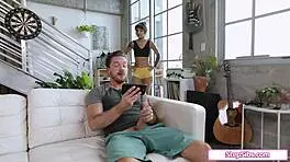 slut stepsiblings sharing one hard cock in taboo threesome