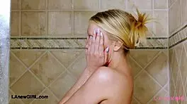 Elegant Shy Blonde Enjoys Relaxing Shower Moment