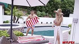 mylfex - stepson licks step mom and teen neighbor pussy at poolside