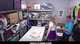 Petite blonde teen shoplifter gets caught and strip-searched. Then she makes a deal to fuck the big dick officer hard.