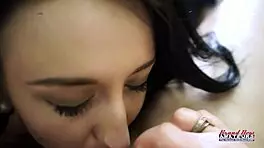 Horny Blonde Hannah and Cute Brunette Olyssia Give Footjob, Suck Cock, and Ride It with Shaved Pussy Action