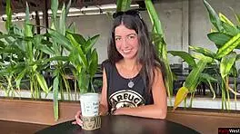 Teen babe does crazy cumwalk blowjob in public toilet drinking coffee with sperm