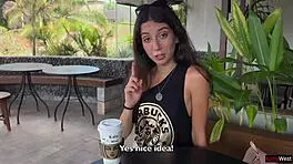 Teen babe does crazy cumwalk blowjob in public toilet drinking coffee with sperm
