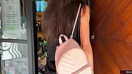 Teen babe does crazy cumwalk blowjob in public toilet drinking coffee with sperm