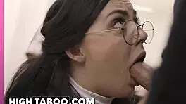 imagine a petite 19 year old teen with natural tits and glasses running away from home for some taboo upskirt desk action