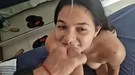 Brunette Latina Babe Gets Cum on Face from Big Cock Friend