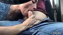 Stepmom deepthroats stepson in the car for creampie