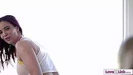 busty cleaners lick shaved pussy on bed