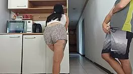 risky fuck with husband's friend while he showers, almost caught