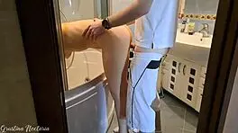 neighbor girl cleans bath while getting fucked hard