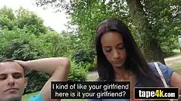 Hot brunette girlfriend turns slut for cash while boyfriend watches her fuck