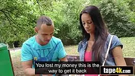 Hot brunette girlfriend turns slut for cash while boyfriend watches her fuck