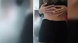 she touches herself in mini skirt, groping small tits, bent over asking for anal sex