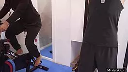 dirty blonde with big tits enters naughty fantasy at gym, getting blowjob and bukakke from three guys