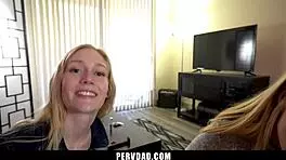 hey, check out these twin girls competing wildly over a huge cock on pervdad