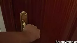 Sarah Kimble fingers her pussy in the comfort room, licking and rubbing until orgasm