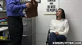 Pornstar Madi Laine, caught at work, gets her bra removed and bent over for doggystyle fucking by Officer Rusty Nails