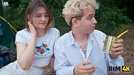 Wives swap and rim each other before anal fucking in the forest 😍