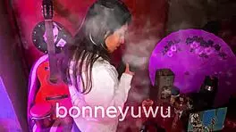 Bonney gets paid by bartender to suck dildo in cute skirt solo scene.