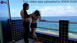 Fun on terrace handjob kissing flashing