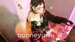 Bonney gets paid by bartender to suck dildo in cute skirt solo scene.