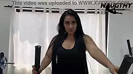 Girl masturbates with toys in gym while alone exercising