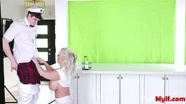 How does blonde milf alura jensen milk money with riding and blowjob?