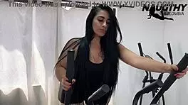 Girl masturbates with toys in gym while alone exercising