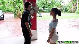 The pervert stud says, 'I'm fucking this sexy teen Alicia on my couch.'