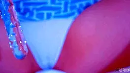 Sexy latin girl shows off her big round ass in a white thong under a blue dress