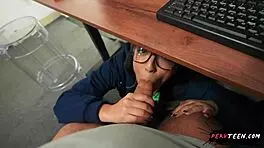 Sneaky blowjob under the table in class - pervteen 18+