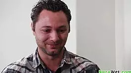 Sensual hot teen masseuse pours nuru gel on herself and client