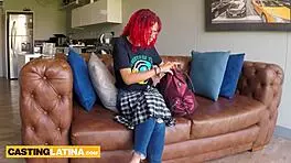 Petite Colombian teen Melissa Mocosa moans on massive cock during interview. Sofa sex follows.