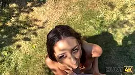 A hunter convinces a young European lady to give a blowjob outdoors, cheating on her husband right away