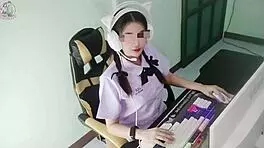Thai student girl gets fucked by senior in front of computer screaming loudly clear thai voice 4k