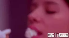 Skinny Brunette Teen Fucks Pussy With Cream!